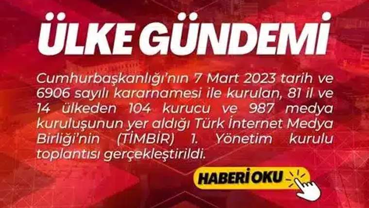 Kırmızı arka planda, 'Ülke Gündemi' yazısı ve altında TİMBİR'in yönetim kurulu toplantısı hakkında bilgi veren metin yer alıyor.