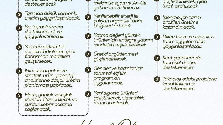 Tarım politikalarını anlatan üç sütunlu infografikte dijital tarım, sürdürülebilirlik ve üretim hedefleri sıralanıyor.
