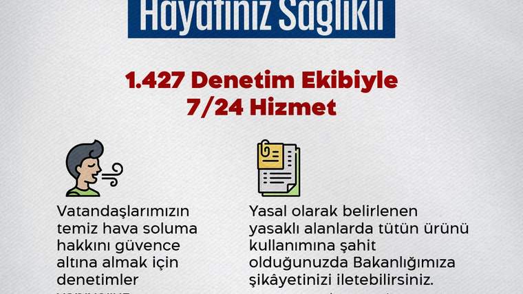 Tütün denetimlerini anlatan afişte dumansız yaşam, denetim ekipleri ve ihbar kanallarıyla ilgili bilgiler yer alıyor.