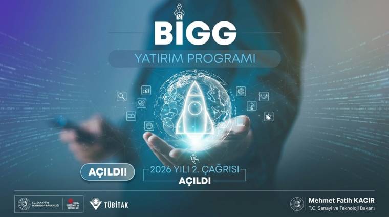 Ellerinde roket simgeli dijital küre tutan kişi, BIGG Yatırım Programı ve çağrı bilgileriyle birlikte görülüyor.