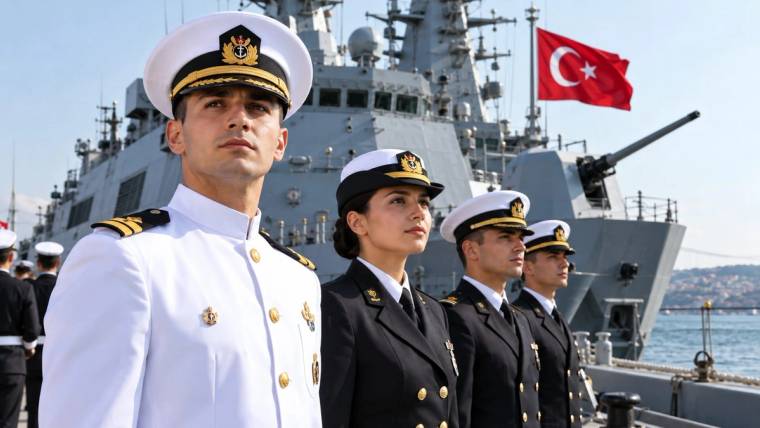 Türk bayrağı önünde, beyaz ve siyah denizci üniformalı dört kişi savaş gemisi önünde sıralanıyor.