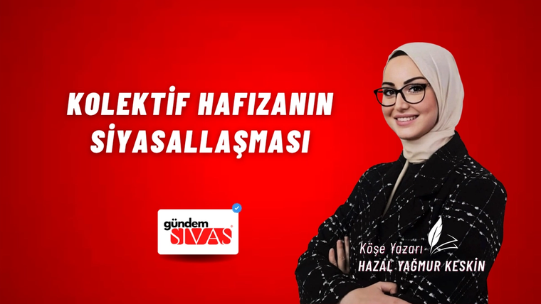 Kırmızı zeminli grafikte başörtülü ve gözlüklü bir kadın, köşe yazarı bilgisi ve gazete logosu yer alıyor.