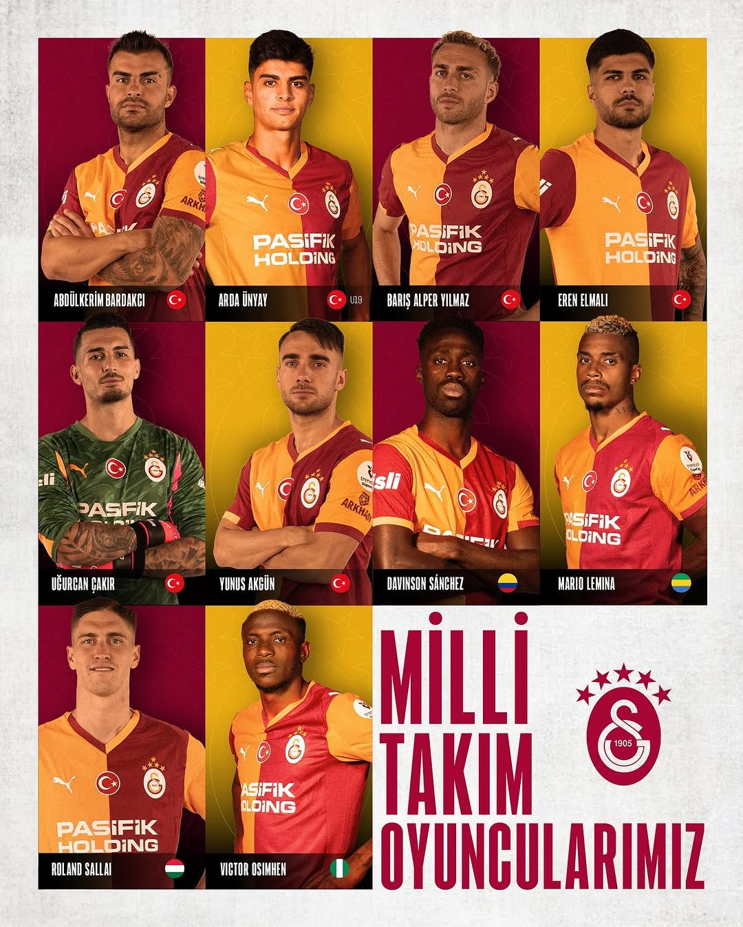 Galatasaray forması giyen altı futbolcunun portrelerinden oluşan kolajda Türk bayrakları ve milli yazısı görülüyor.