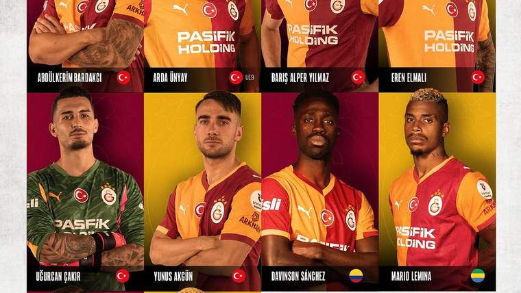 Galatasaray forması giyen altı futbolcunun portrelerinden oluşan kolajda Türk bayrakları ve milli yazısı görülüyor.