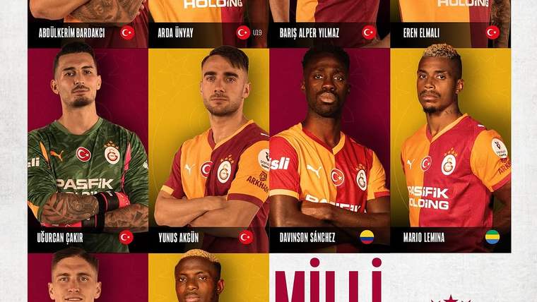 Galatasaray forması giyen altı futbolcunun portrelerinden oluşan kolajda Türk bayrakları ve milli yazısı görülüyor.