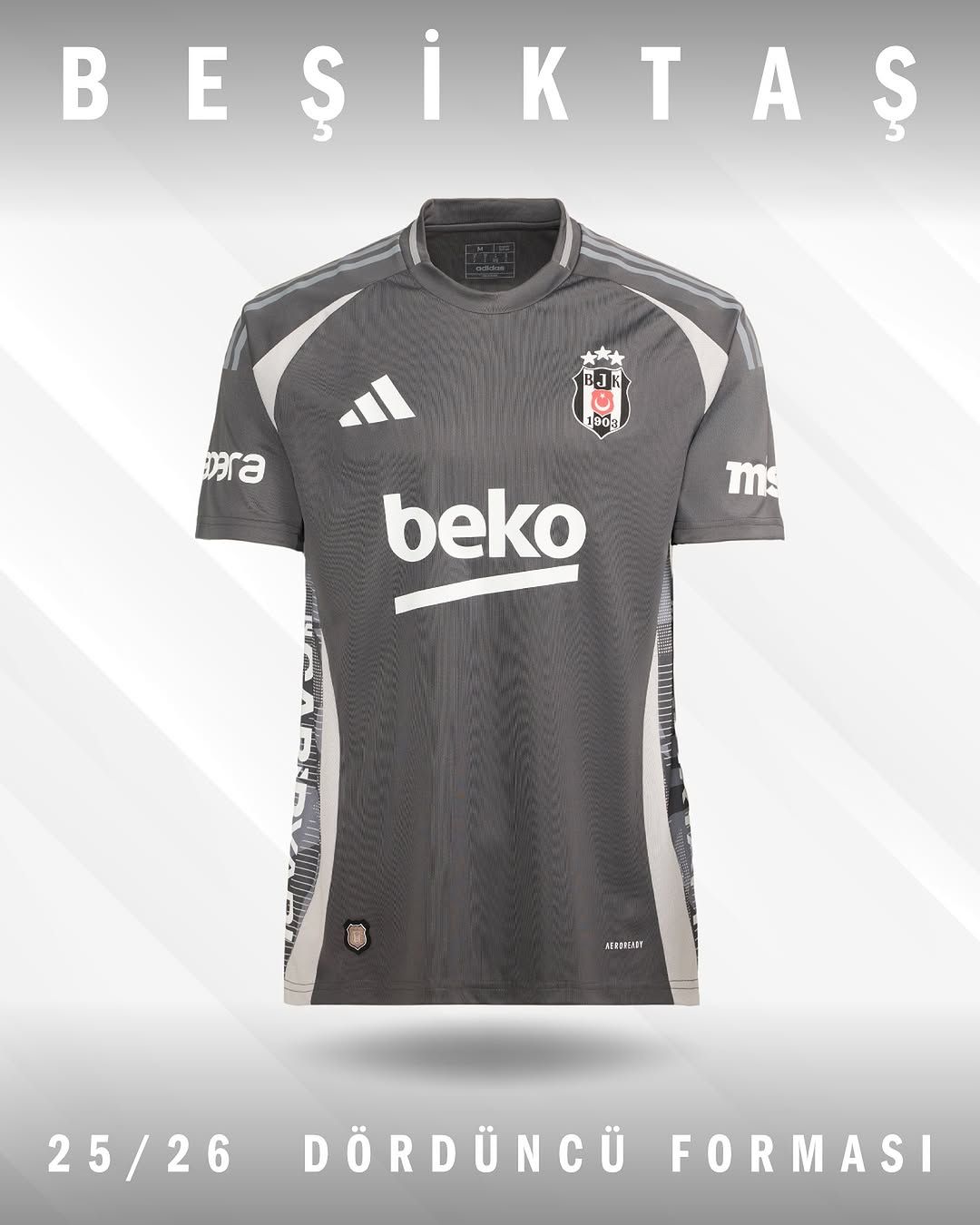 Beşiktaş futbol takımının 2025-2026 sezonuna ait dördüncü forması, gri renkte ve Adidas logosu ile tasarlanmış.