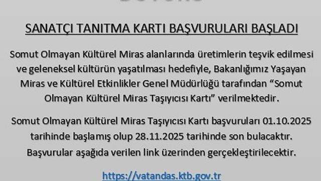 Sivas'ta Somut Olmayan Kültürel Miras Taşıyıcısı Kartı Başvuruları Başladı