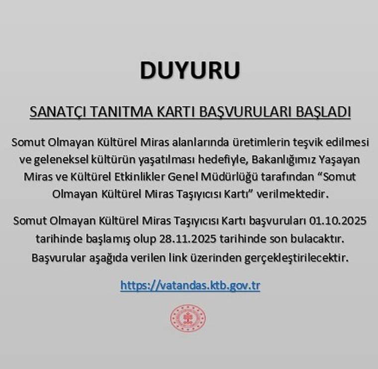Gri zemin üzerindeki duyuruda sanatçı tanıtma kartı başvurularının başladığı ve başvuru adresi yer alıyor.
