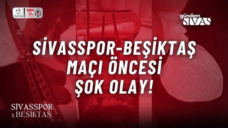 Kırmızı tonlu kolajda Sivasspor ve Beşiktaş logoları, büyük maç yazısı ve çeşitli nesne görselleri yer alıyor.