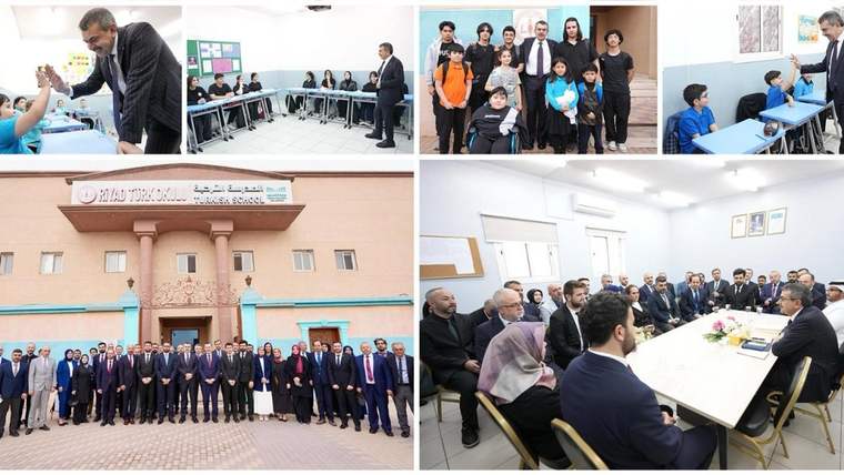 Kolajda Türkçe ve Arapça tabelalı okul binası, sınıflar ve öğrencilerle birlikte duran yetişkin grupları görülüyor.