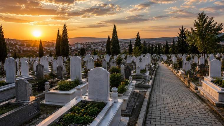 Gün batımında mezarlıkta sıralanan mermer mezar taşları ve taş döşeli yürüyüş yolu görülüyor.