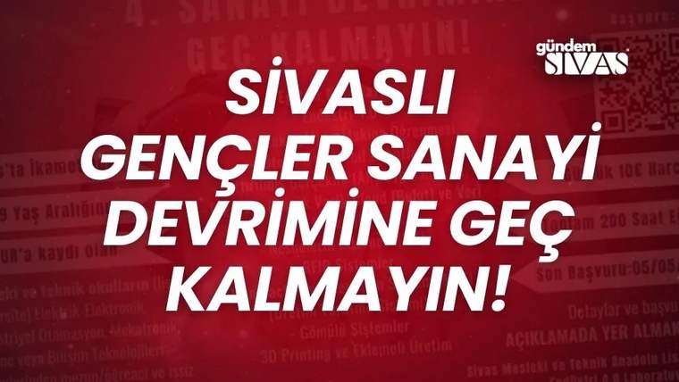 Kırmızı zemin üzerinde büyük beyaz harflerle sanayi devrimine ilişkin bir slogan, üst köşede site logosu yer alıyor.