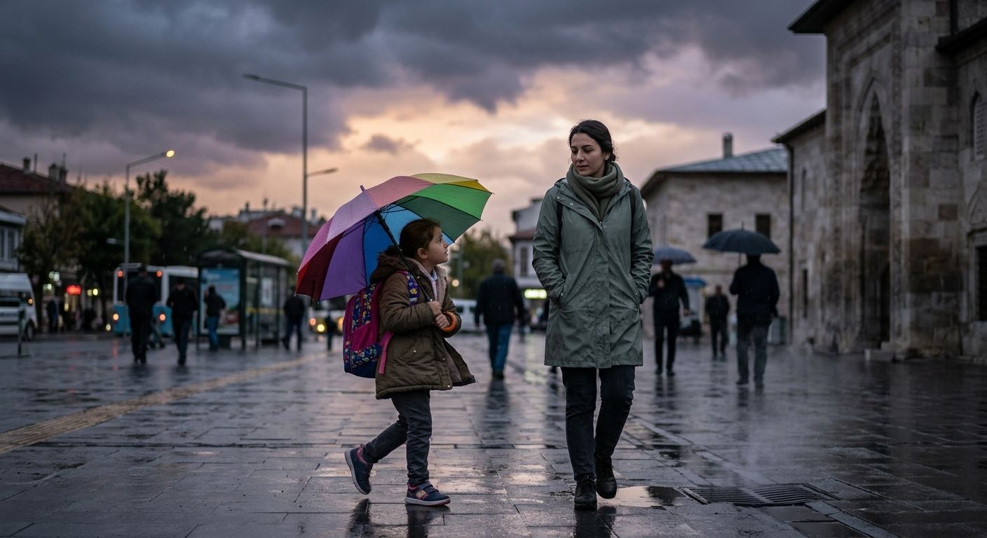 Yağmur altında ıslak kaldırımda yürüyen kadın ve çocuk, çevrede şemsiyeli insanlar görülüyor.