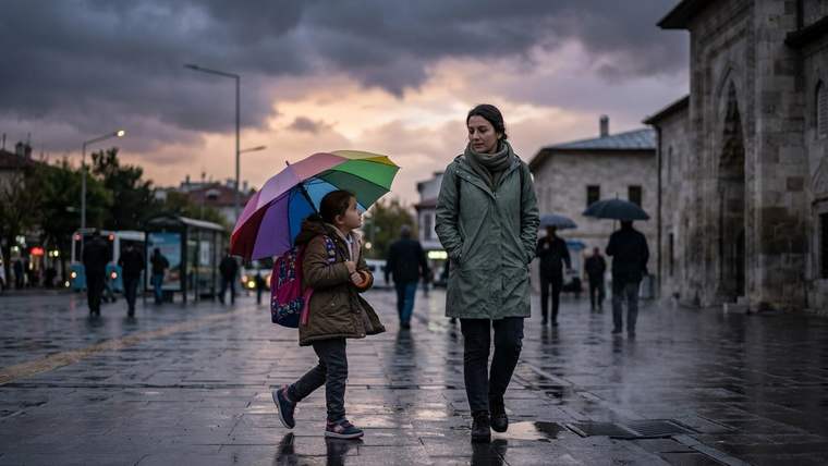 Yağmur altında ıslak kaldırımda yürüyen kadın ve çocuk, çevrede şemsiyeli insanlar görülüyor.