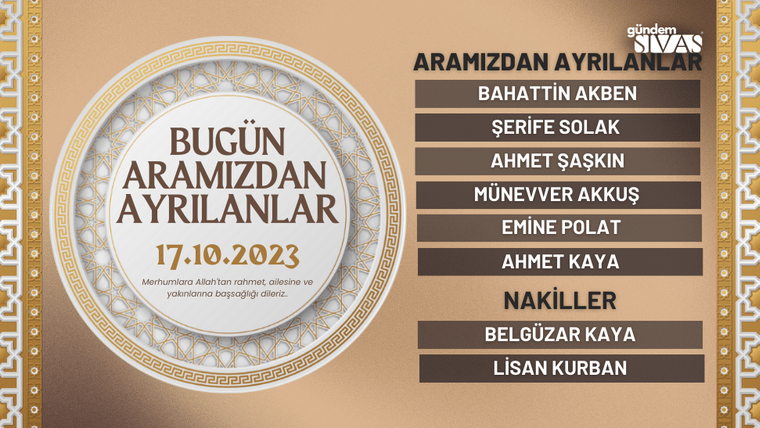 Bej zeminli anma tasarımında 17 Ekim 2023 tarihiyle birlikte vefat edenlerin isimleri listeleniyor.