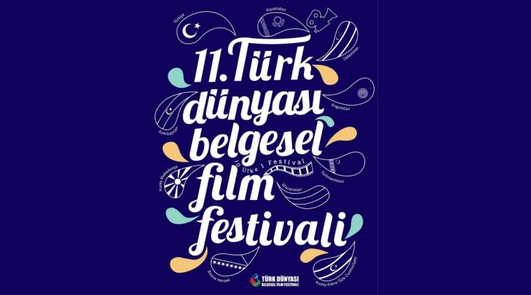 Koyu mavi afişte renkli süslemeler arasında “11. Türk dünyası belgesel film festivali” yazısı yer alıyor.
