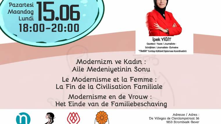 Bir kadın, konferans hakkında bilgi veren bir pankartın önünde duruyor.