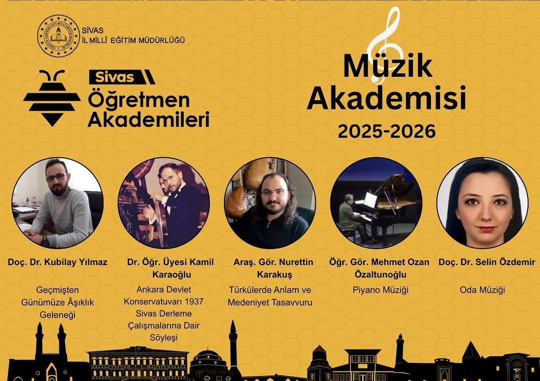 Dört kişi, Sivas Öğretmen Akademileri Müzik Akademisi 2025-2026 tanıtımında yer alıyor.