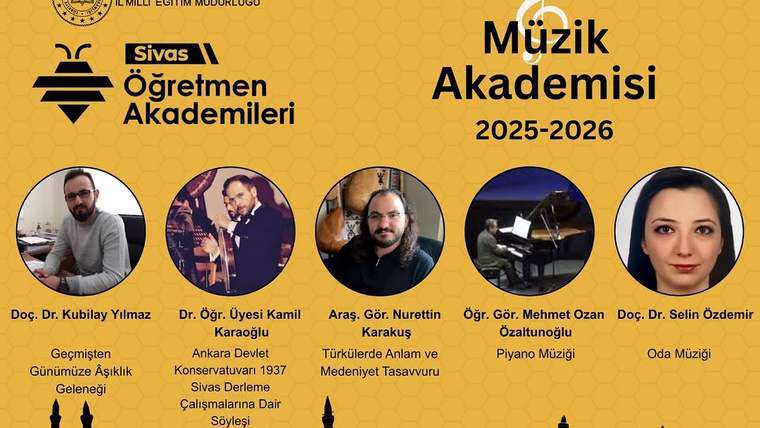 Dört kişi, Sivas Öğretmen Akademileri Müzik Akademisi 2025-2026 tanıtımında yer alıyor.