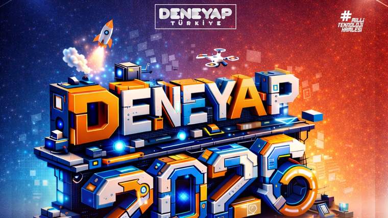 Renkli bir grafik tasarımda "DENEYAP 2026" yazısı ve teknoloji simgeleri yer alıyor.