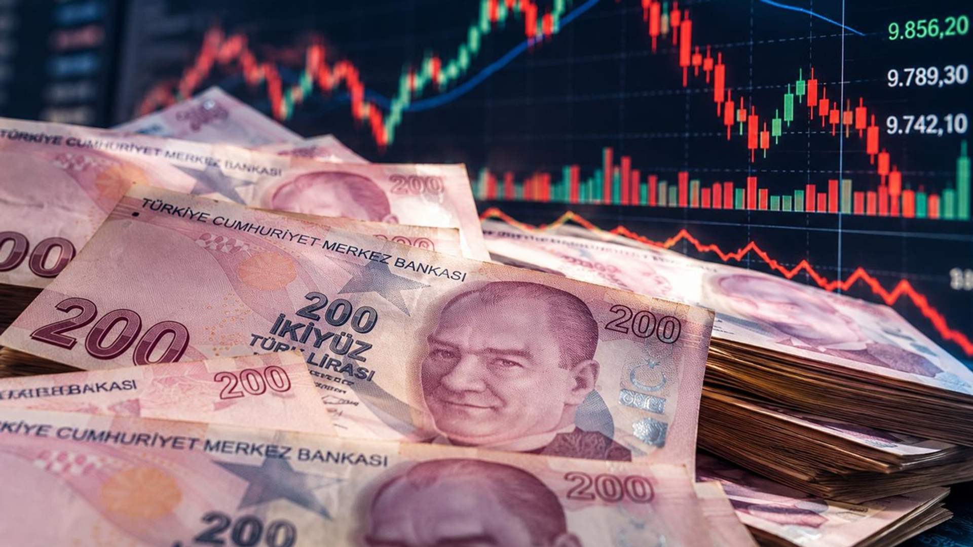 Ön planda Türk lirası banknotları ve para desteleri, arka planda düşüş eğilimli finans grafikleri görülüyor.