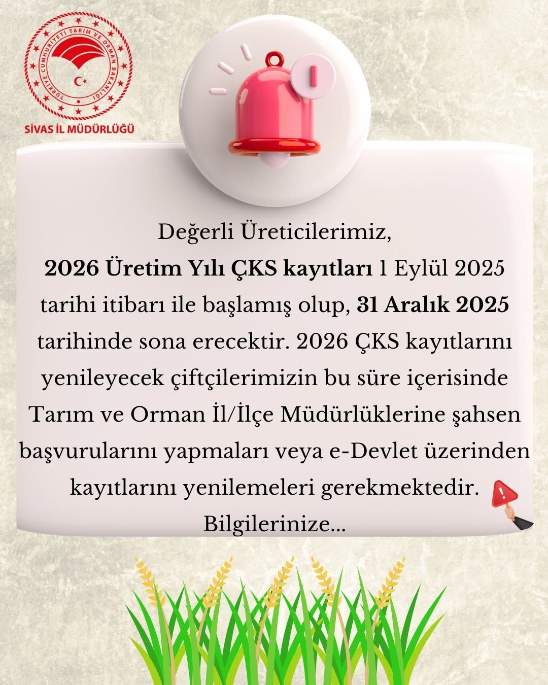 2026 yılı için tarım ve orman alanında yapılacak kayıtlarla ilgili bilgilendirme metni.