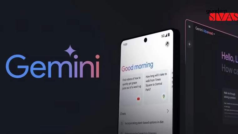 Gemini uygulamasının logosu ve ekran görüntüsü, telefonun ön yüzü görünmekte.