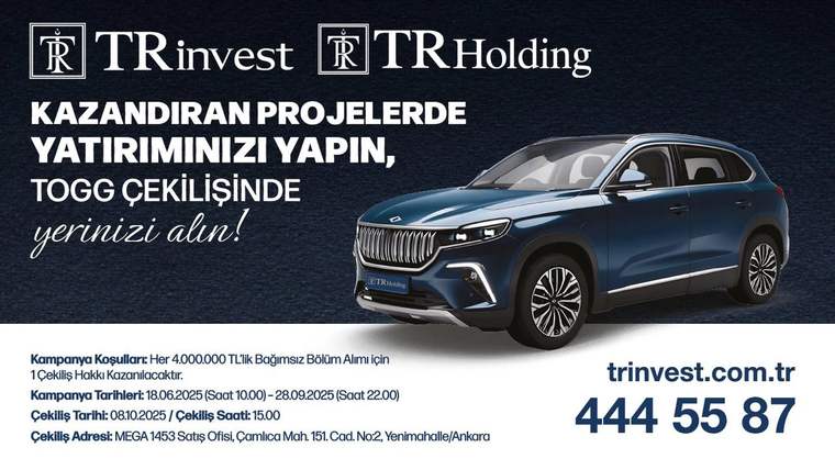 Mavi bir otomobil, TRinvest logosu ile birlikte bir reklam metniyle yer alıyor.