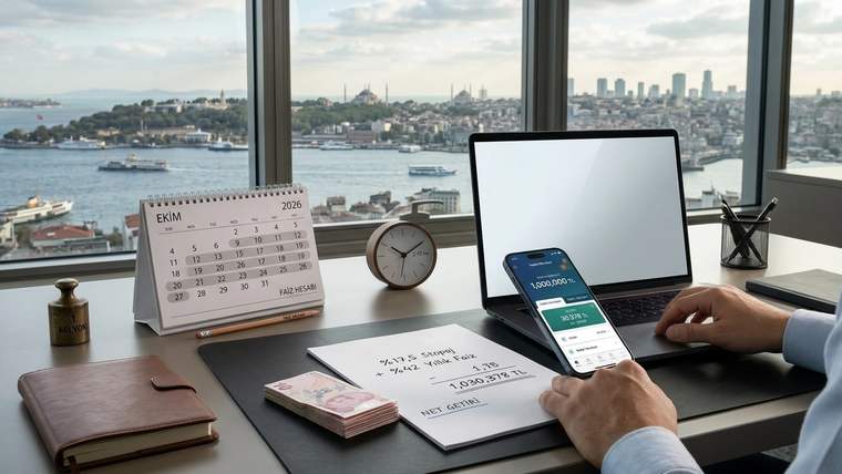 Pencere önündeki masada akıllı telefon, para destesi, belgeler, takvim ve masa saati bulunuyor.