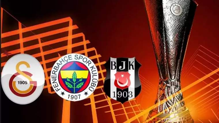 Galatasaray, Fenerbahçe ve Beşiktaş kulüplerinin logoları, UEFA Avrupa Ligi kupasının yanında yer alıyor.
