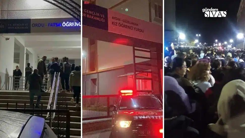 Bir grup insan, KYK yurt binası önünde bekliyor; arka planda güvenlik aracı ve tabela görünmekte.