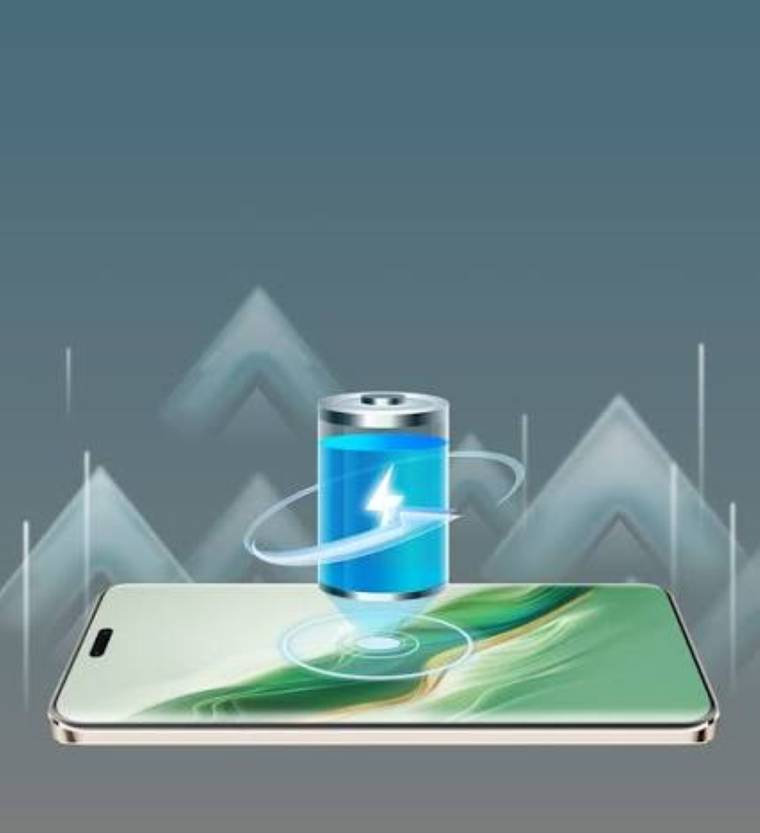 Yatay duran bir telefonun ekranı üzerinde, etrafında ışıklı çizgiler bulunan mavi pil simgesi yer alıyor.