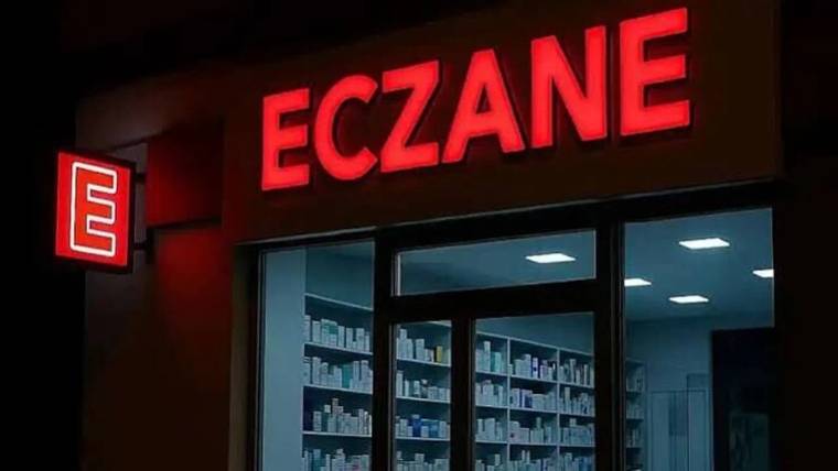 Kırmızı ışıklı “ECZANE” tabelası ve yanında ilaç rafları görülen dükkânın gece dış cephesi.
