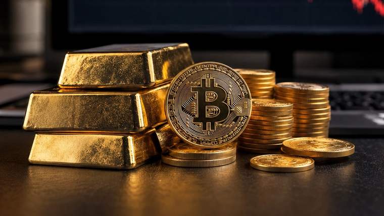Önde altın külçeleri, Bitcoin simgeli madeni para ve altın paralar; arkada düşüş grafiği görülüyor.