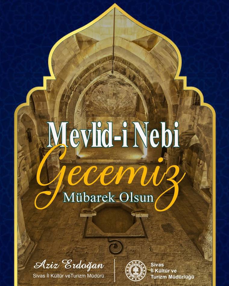 Cami iç mekânı üzerinde “Mevlid-i Nebi Gecemiz Mübarek Olsun” yazısı ve kurum logoları bulunan kutlama görseli.