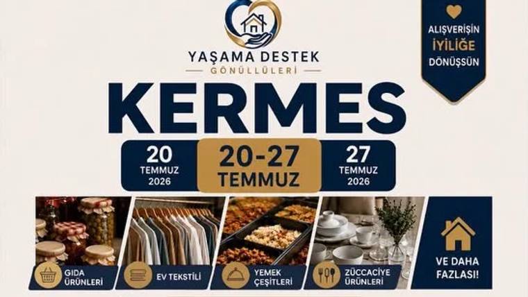 Kermes afişinde tarih, etkinlik adı ve ürün kategorileri yer alıyor.