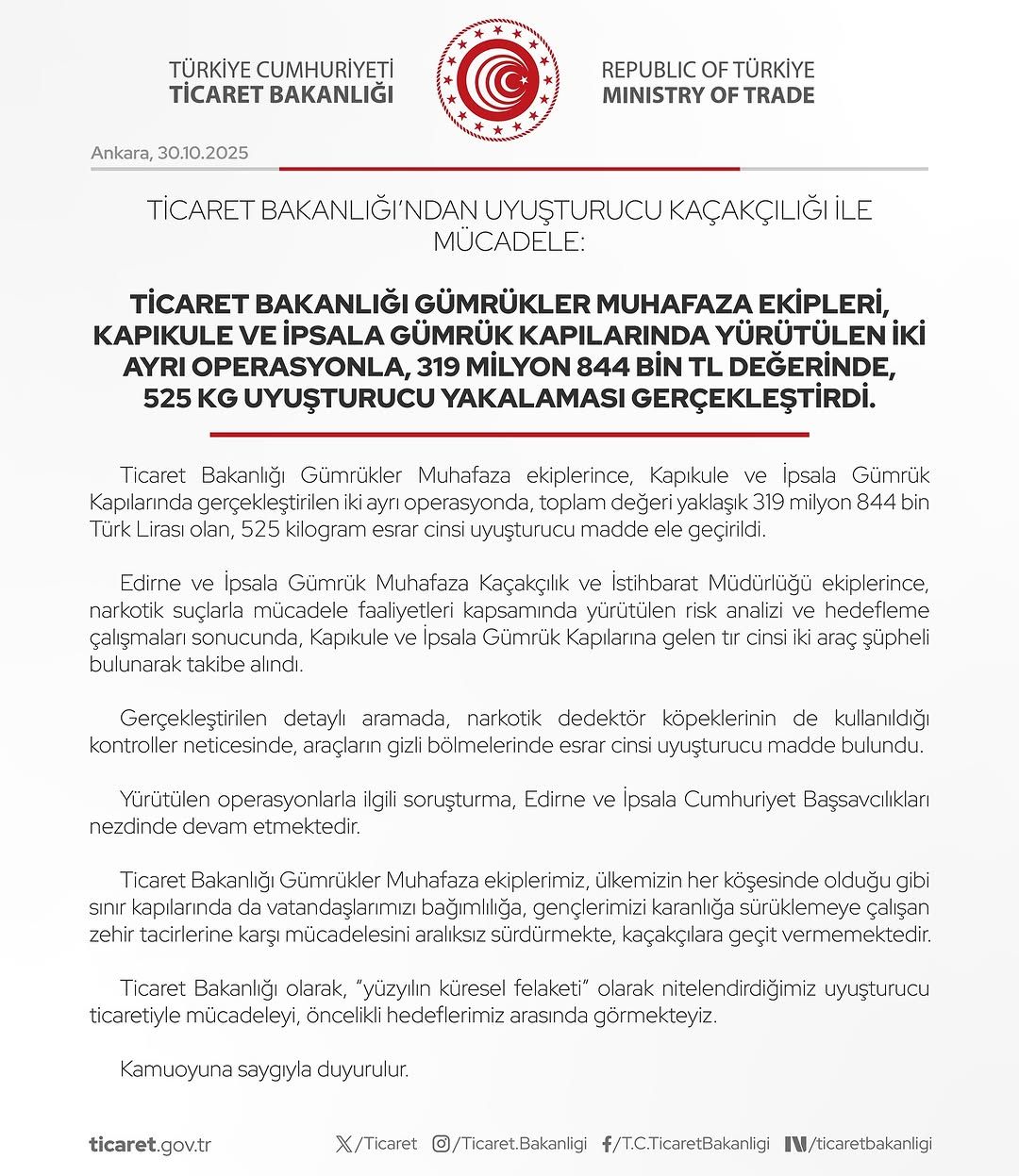 Türkiye'de Rekor Uyuşturucu Ele Geçirildi: 525 Kg ve 319 Milyon TL Değerinde