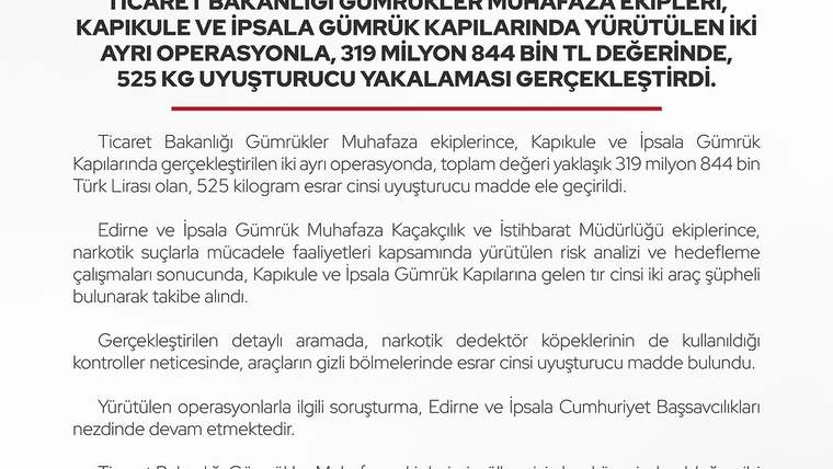 Türkiye'de Rekor Uyuşturucu Ele Geçirildi: 525 Kg ve 319 Milyon TL Değerinde