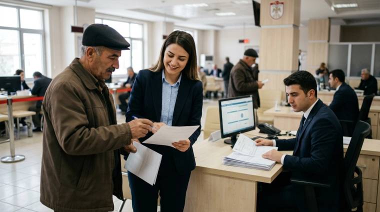 Banko önünde evrak inceleyen bir adam, yanında duran kadın ve bilgisayar başında çalışan görevli görülüyor.