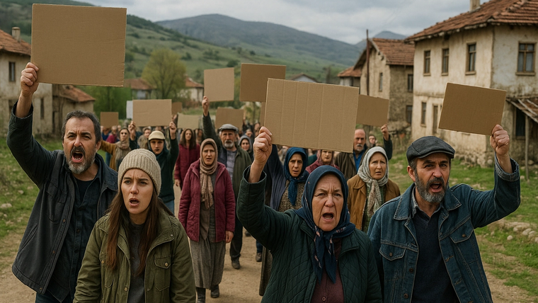 Protesto eden kalabalık, ellerinde boş pankartlarla yürüyüş yapıyor.