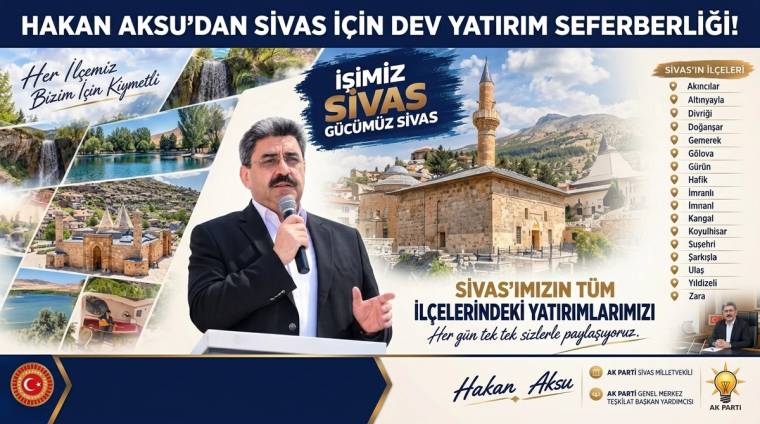 Mikrofon tutan bir adamın yanında doğa, ilçe ve tarihi yapı fotoğraflarından oluşan tanıtım kolajı yer alıyor.