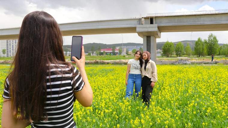 Sarı çiçeklerle dolu bir tarlada, iki kadın poz verirken bir diğeri fotoğraf çekiyor.