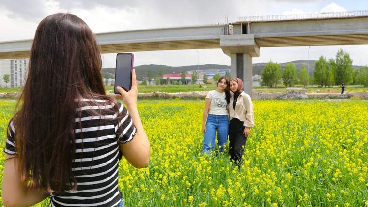 Sarı çiçeklerle dolu bir tarlada, iki kadın poz verirken bir diğeri fotoğraf çekiyor.