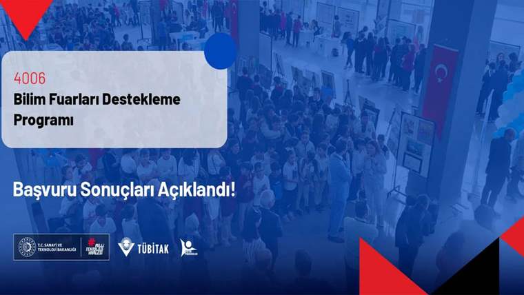 TÜBİTAK logosunun yer aldığı mavi afişte, sergi alanında kalabalık bir grubun fotoğrafı görülüyor.