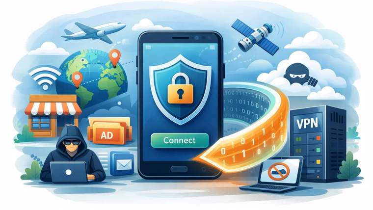 Akıllı telefon ekranında kilit simgesi ve Connect düğmesi, çevresinde VPN sunucusu, uydu, dünya ve dizüstü bilgisayar bulunuyor.