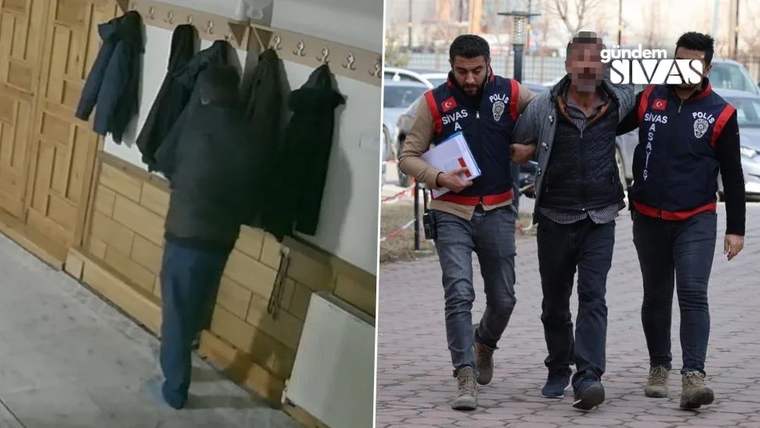 İki kareli görüntüde, kapüşonlu bir kişi ile yüzü bulanık bir adamı yanlarında götüren iki görevli görülüyor.