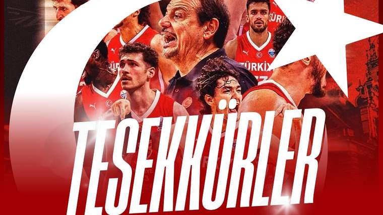 Kırmızı formalar giyen basketbolcuların kolajı ve üzerinde büyük harflerle “TEŞEKKÜRLER” yazısı yer alıyor.