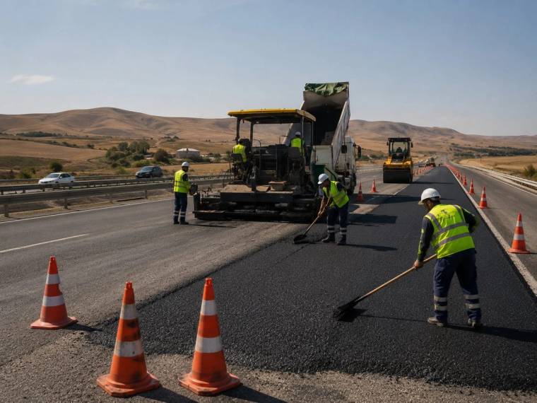 Asfalt serimi yapan işçiler, konilerle çevrili bölünmüş yolda ekipmanlarla çalışıyor.