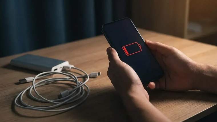 Ellerin tuttuğu telefonda kırmızı düşük pil simgesi, masadaki kablo ve şarj adaptörünün yanında görünüyor.