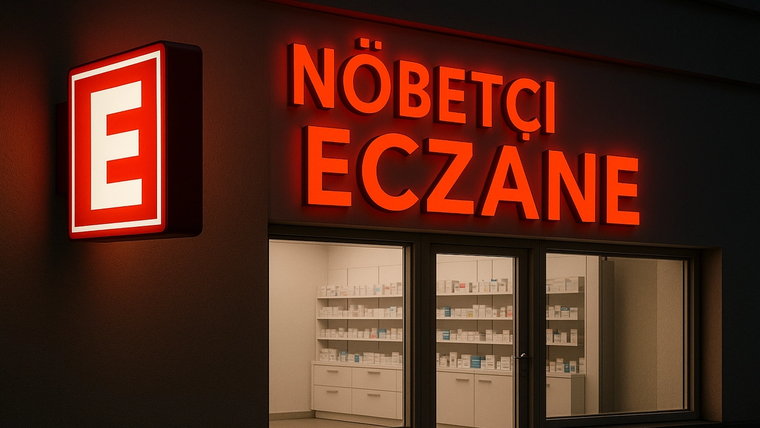 Kırmızı ışıklı “NÖBETÇİ ECZANE” yazısı ve E simgesi bulunan eczane vitrini gece görüntüleniyor.
